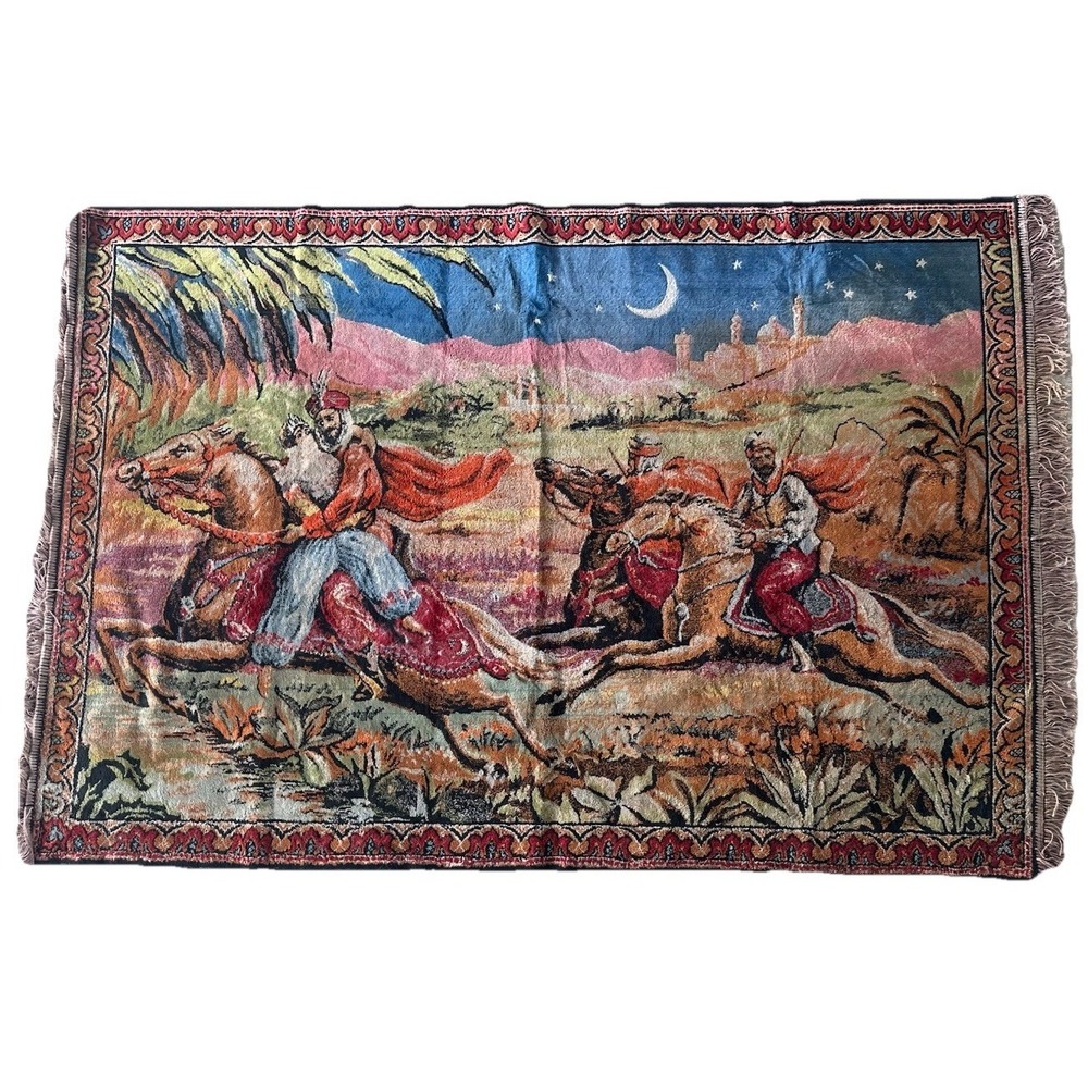 Fringed Tapestry Rug Wall Art 67" x 46" Vintage Arabian Horses‎ Princess